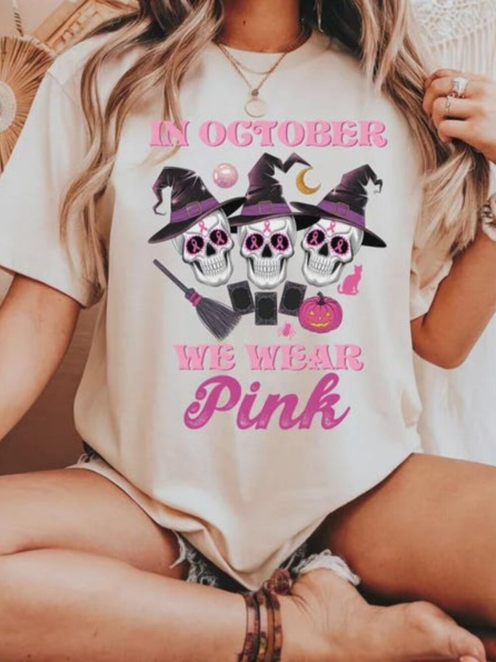 In October We Wear Pink Shirt, Breast Cancer Awareness Halloween Shirt